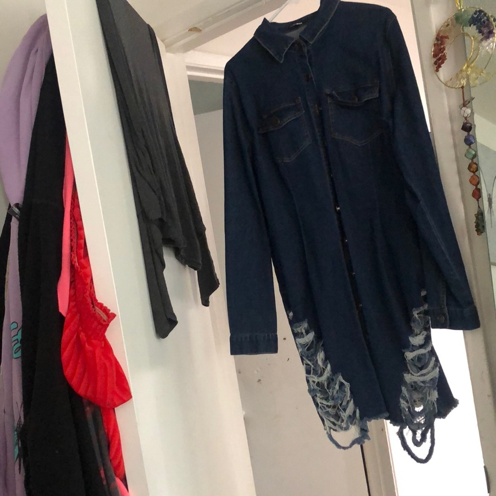 Fashion nova size 2X jean button up the front dress with tear in the thigh area